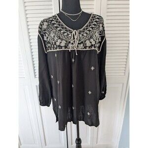 Tantrum Top Womens Sz XXL Black Cream Gold Embroidery Boho Beaded Peasant Blouse
